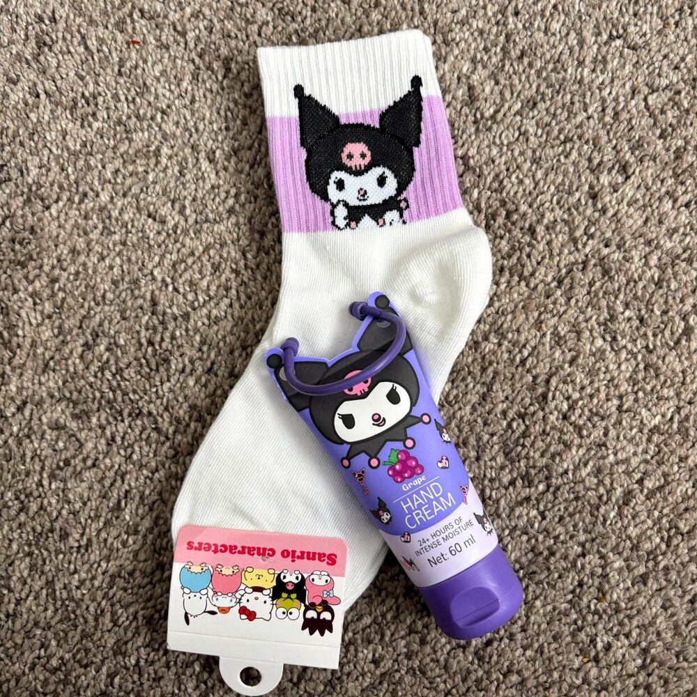 Sanrio Hello Kitty KUROMI Pair Crew Socks & Kuromi 60ml Grape 24 Hr. Hand Cream